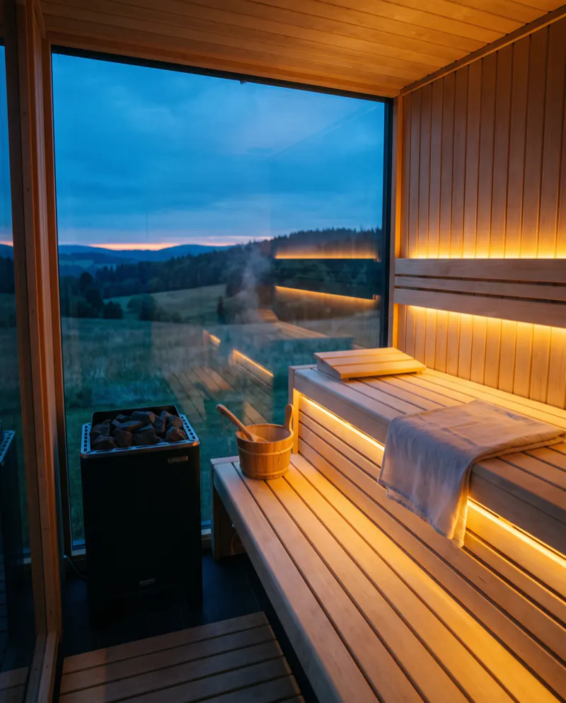 Sauna s proskleným výhledem do krajiny při soumraku